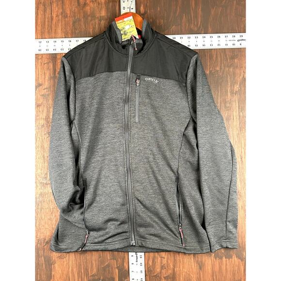 Orvis Bonded Mesh Full Zip Fleece Sweater Jacket Mock Neck Gray Black Men Medium - Picture 2 of 6